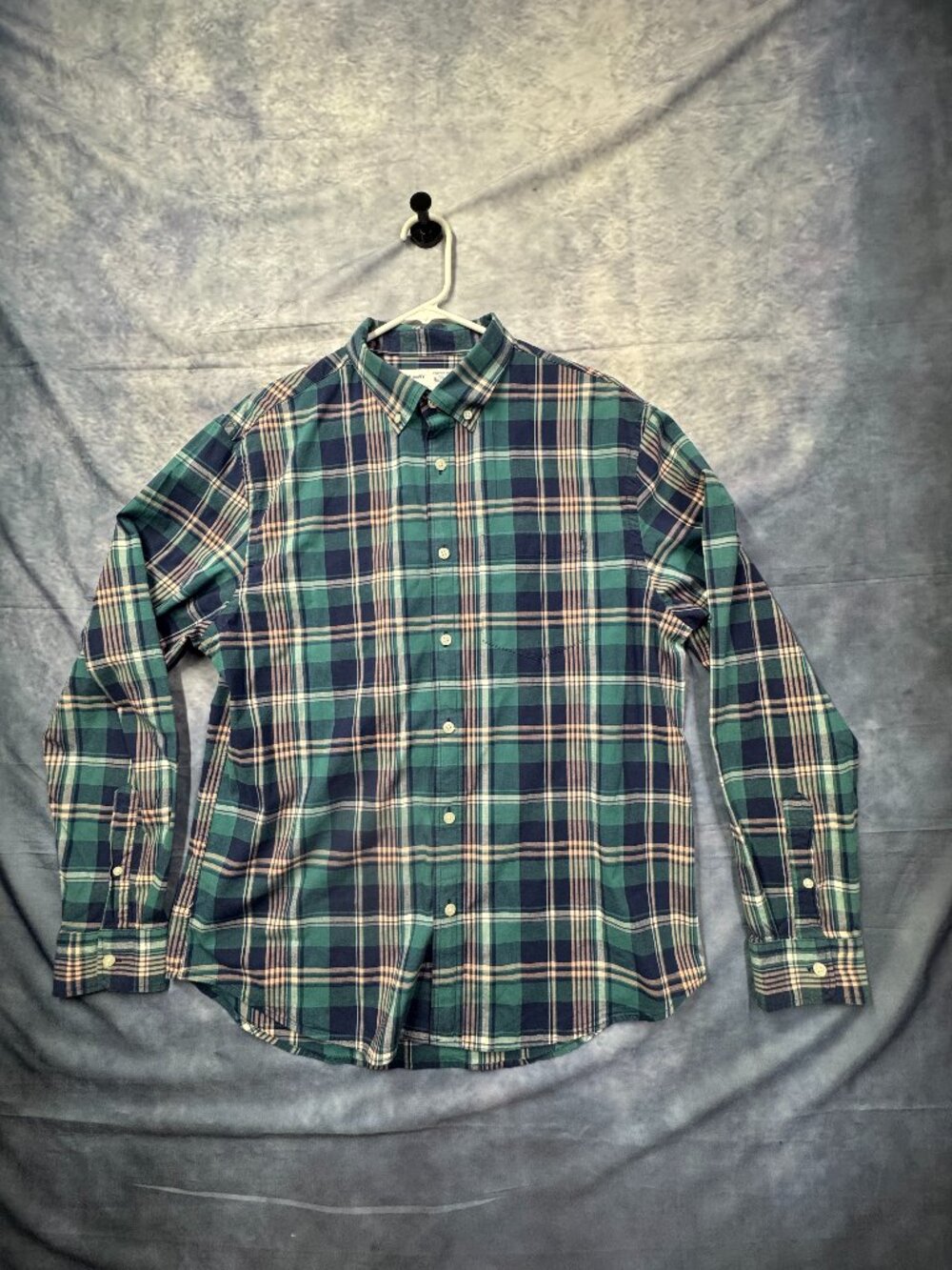 Old Navy Mens Plaid Green Blue Built In Flex Shirt Size Large Slim Long Sleeve